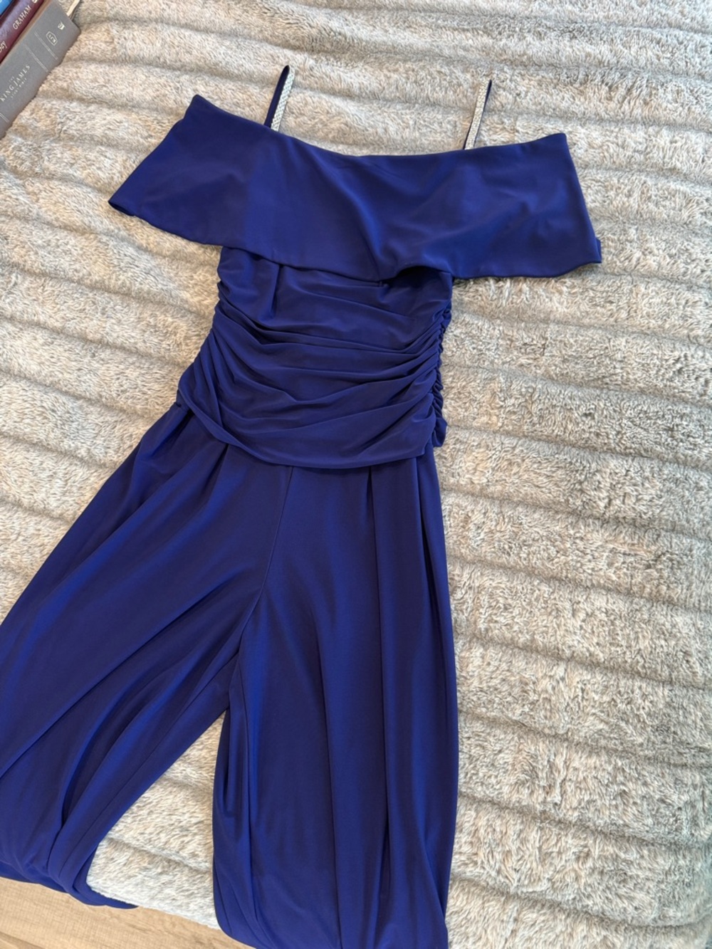 R & M Richards Off-Shoulder Royal Blue Ruched Jumpsuit with Wide Legs